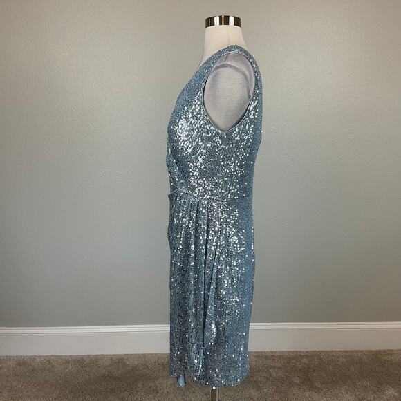 Eliza J Blue Sequined Cocktail Dress Size 16 Sleeveless V-Neck Mini Sheath - Picture 5 of 13